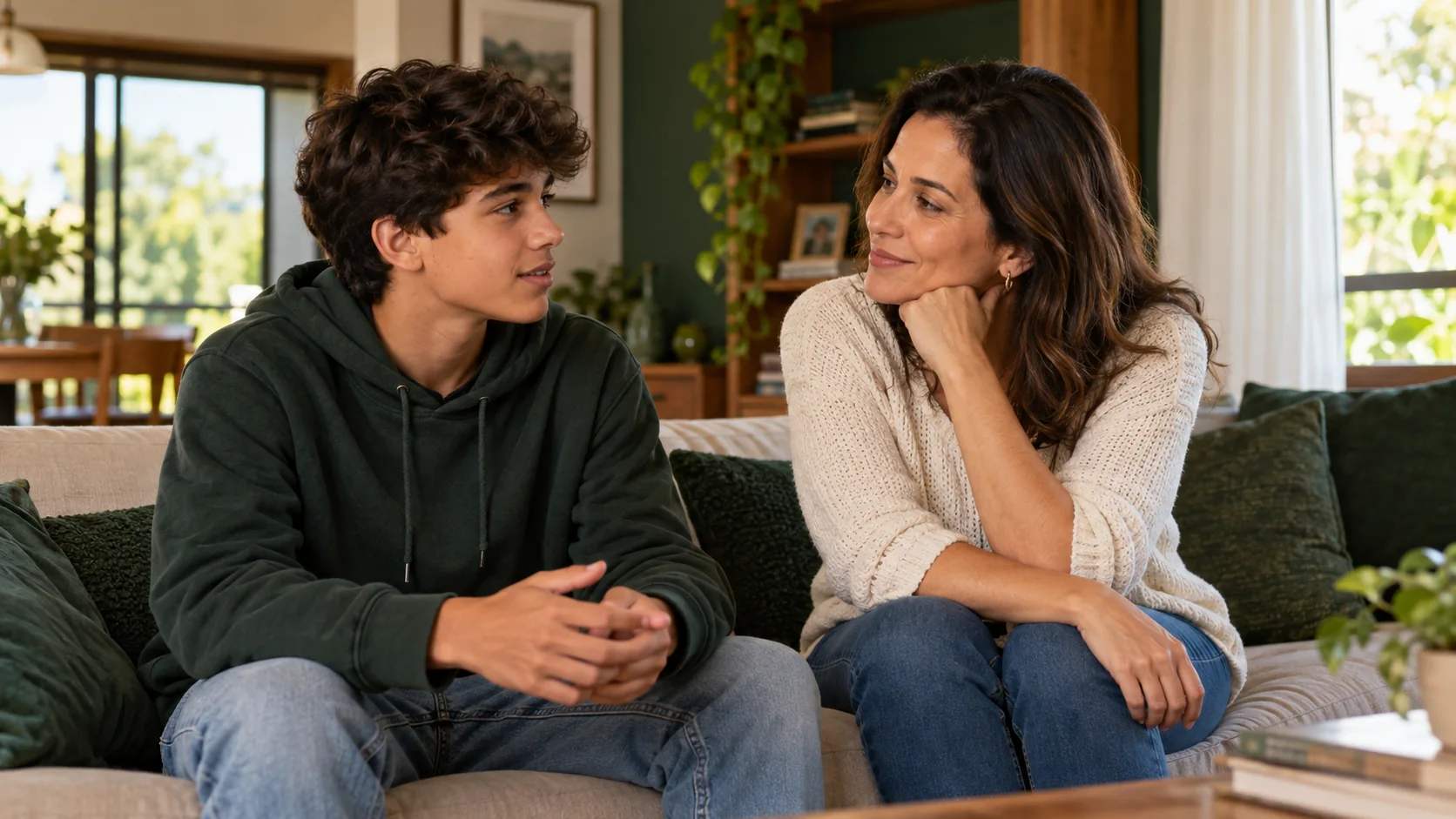 Cena ilustrativa de um adolescente conversando com uma adulta em um sofá