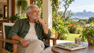 Cena ilustrativa de uma pessoa idosa em um jardim