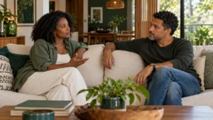 Cena ilustrativa de um casal adulto conversando em lados diferentes de um sofá