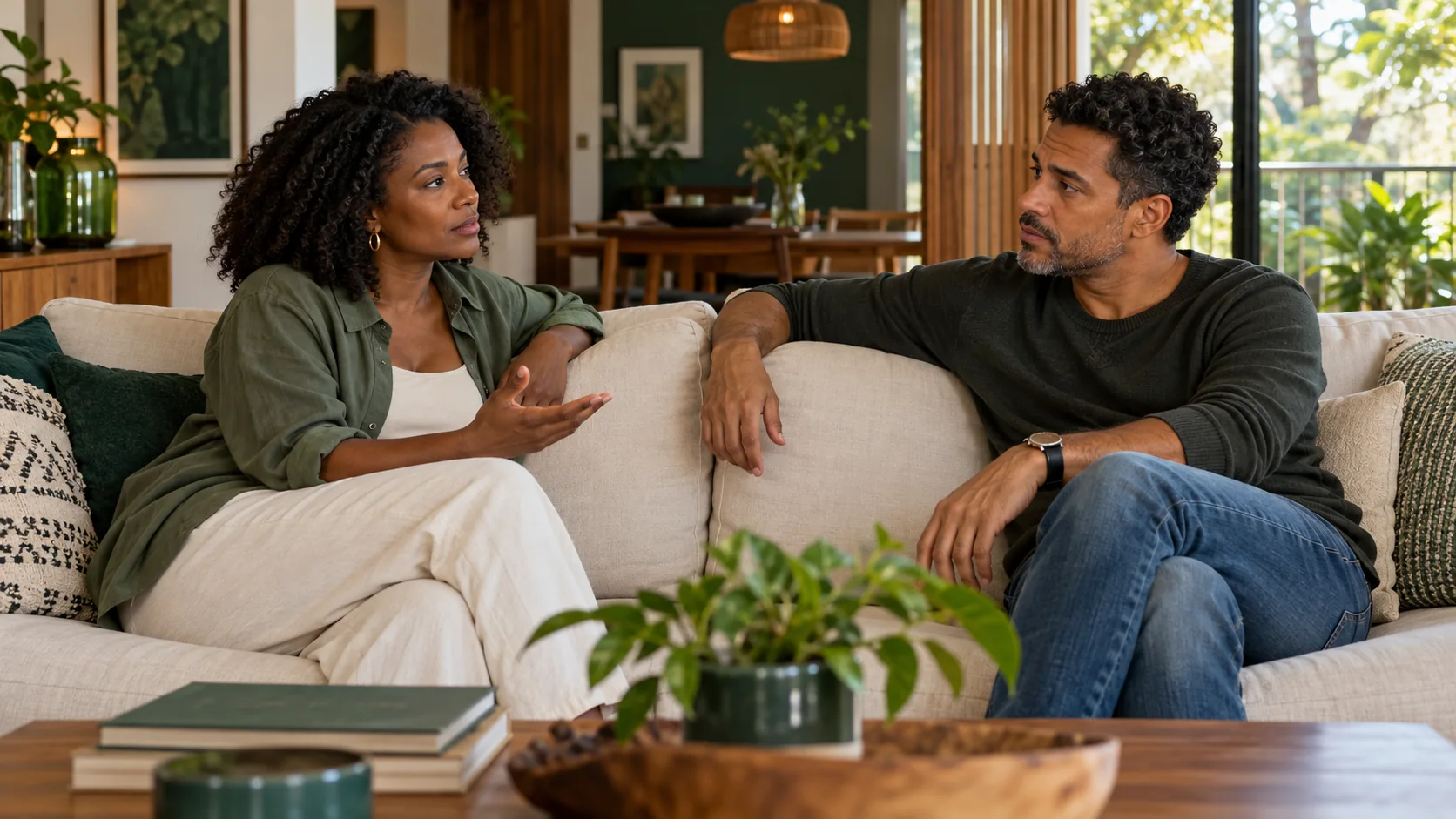 Cena ilustrativa de um casal adulto conversando em lados diferentes de um sofá