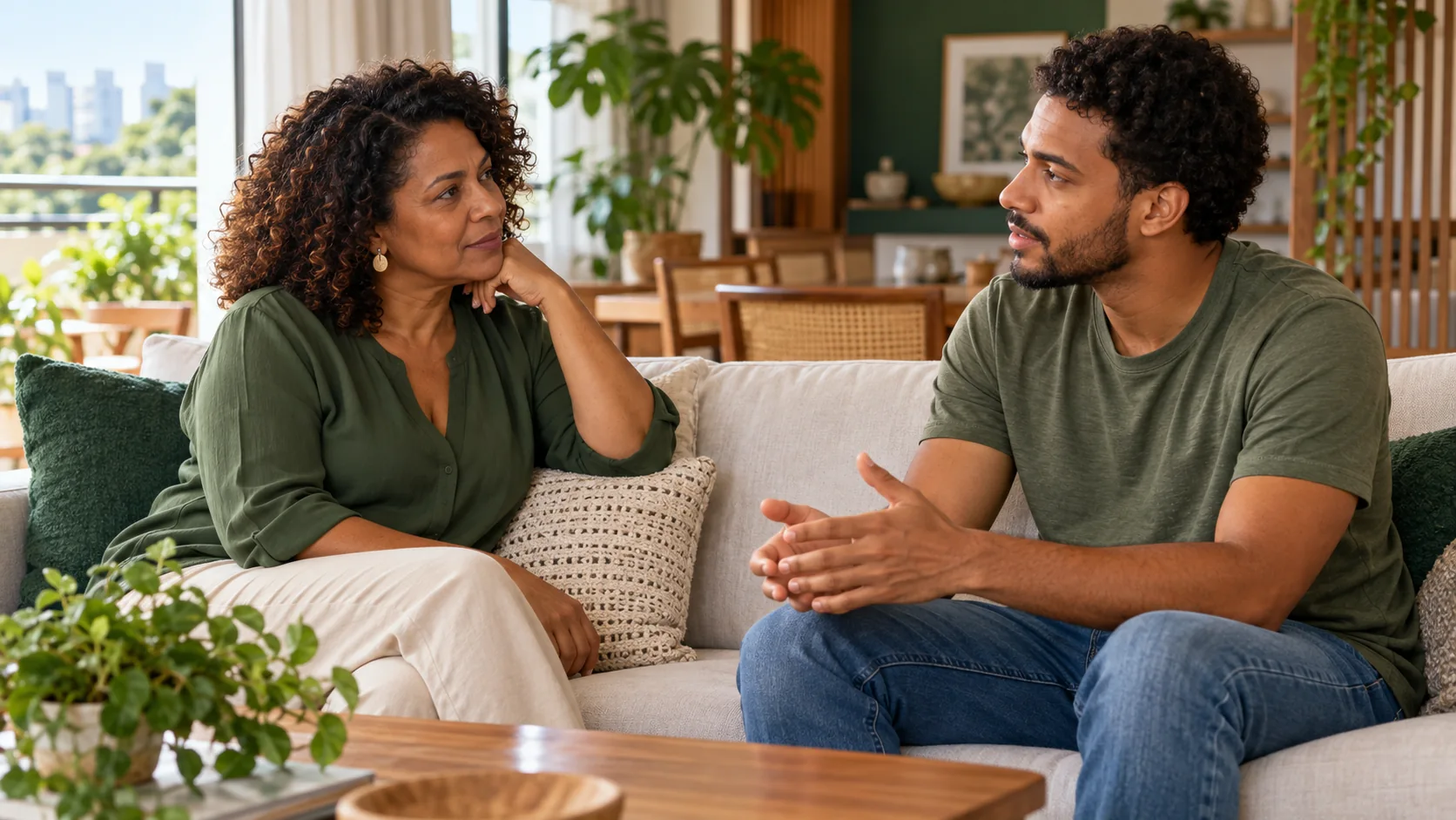 Cena ilustrativa de uma mulher madura e um homem adulto conversando em casa