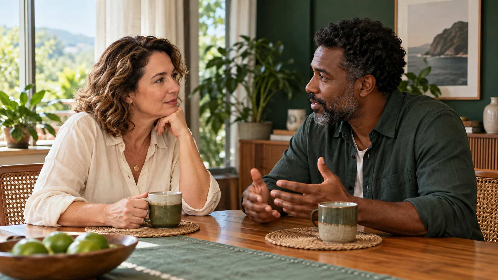 Cena ilustrativa de um casal adulto conversando à mesa