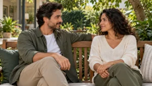 Cena ilustrativa de um casal adulto conversando em um banco ao ar livre