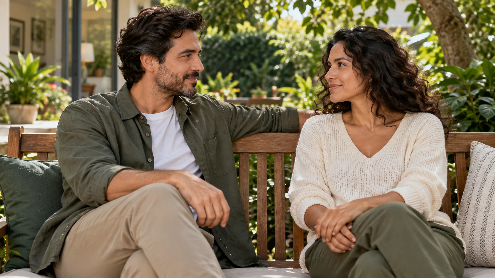 Cena ilustrativa de um casal adulto conversando em um banco ao ar livre