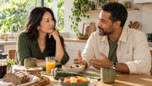 Cena ilustrativa de um casal adulto conversando durante o café da manhã