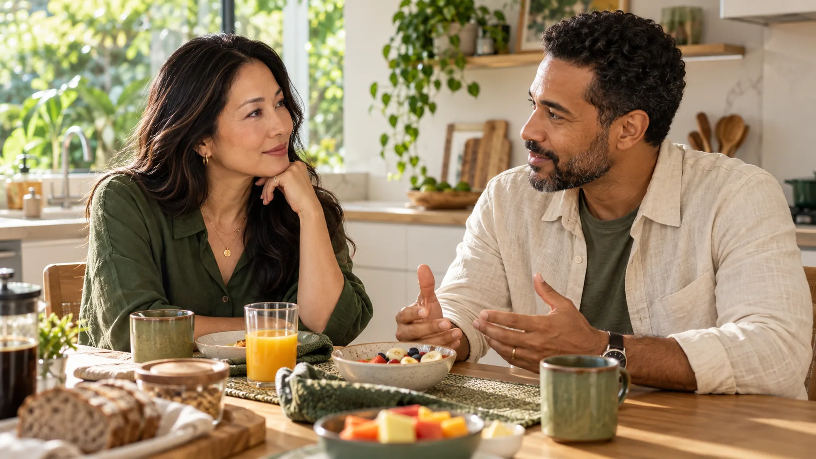 Cena ilustrativa de um casal adulto conversando durante o café da manhã