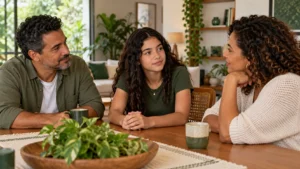 Cena ilustrativa de uma conversa familiar entre um adolescente e dois adultos